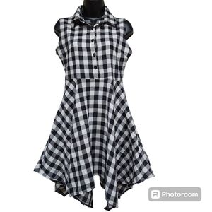 Gingham Fabric Black & White Print Button Up Side Zip Tunic or Mini Dress Size M